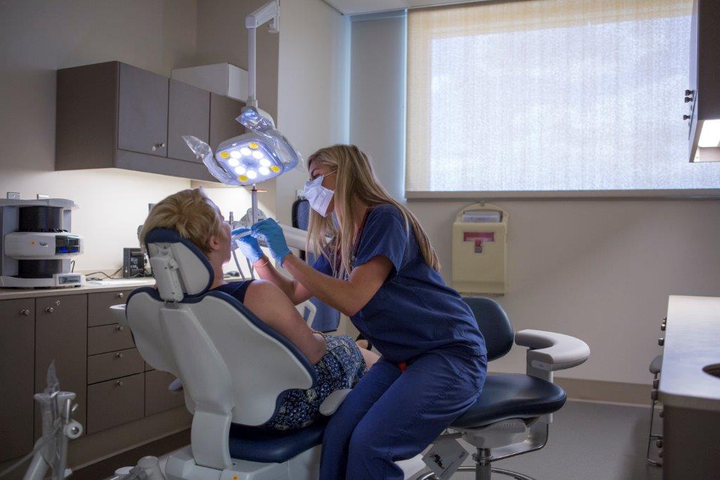 The new emergency department at UConn John Dempsey Hospital has a room dedicated for dental emergencies - one that features a dental chair in place of a stretcher. (Photo by Paul Horton)